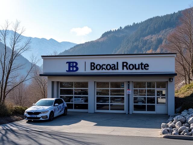 Photo de l'extérieur du garage Boreal Route à Grenoble, avec un véhicule en attente de service et des montagnes en arrière-plan.